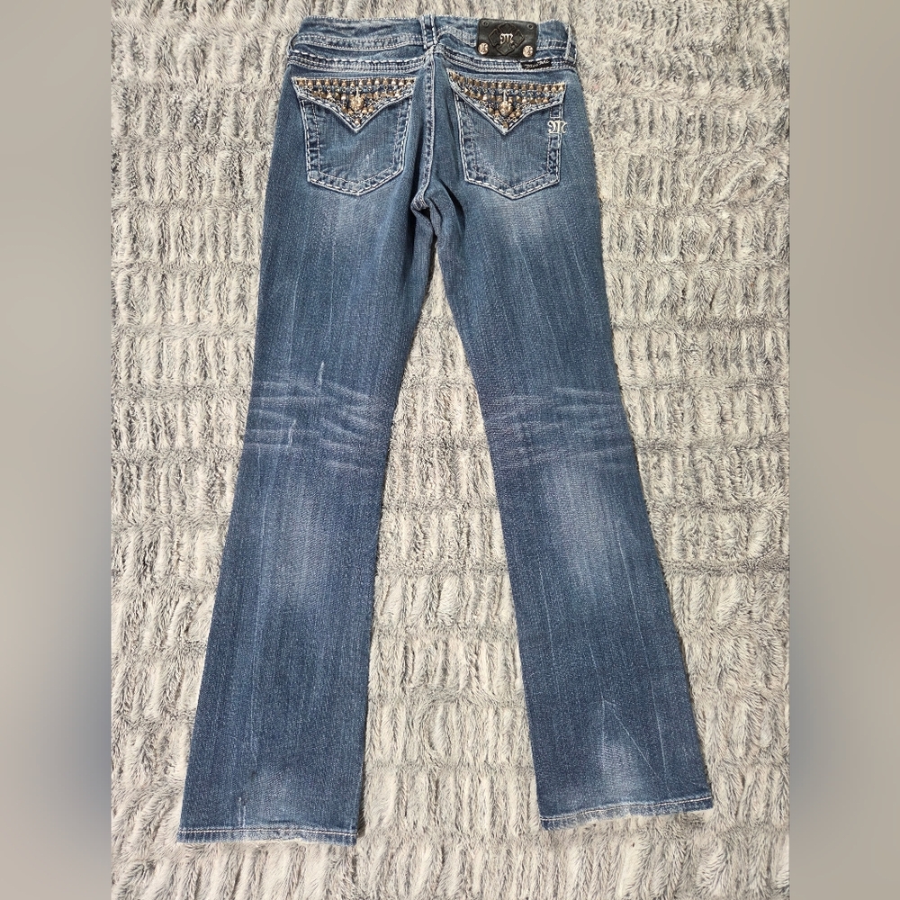 Vintage Miss Me Blue Boot Cut Jeans with Embellished Pockets Size 29